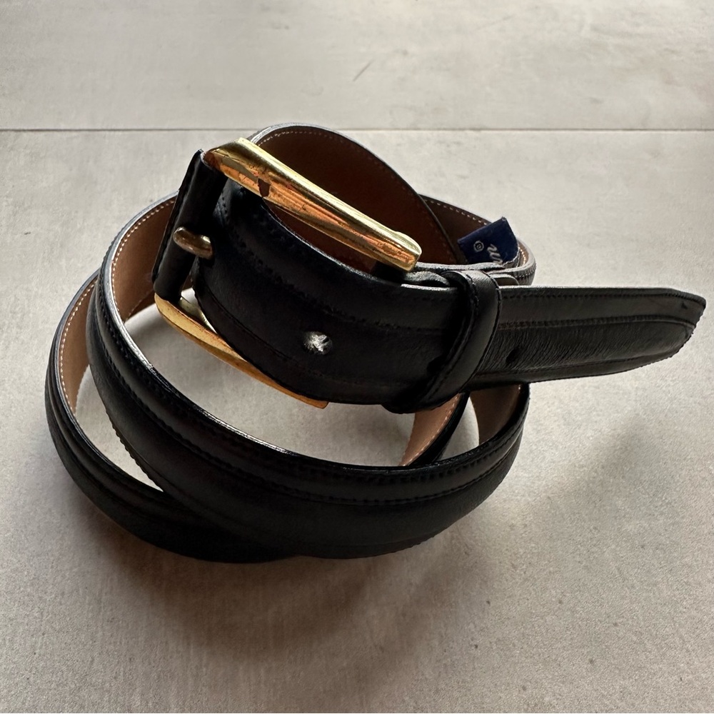 Mezlan Black Leather Belt with Brass Buckle - 38